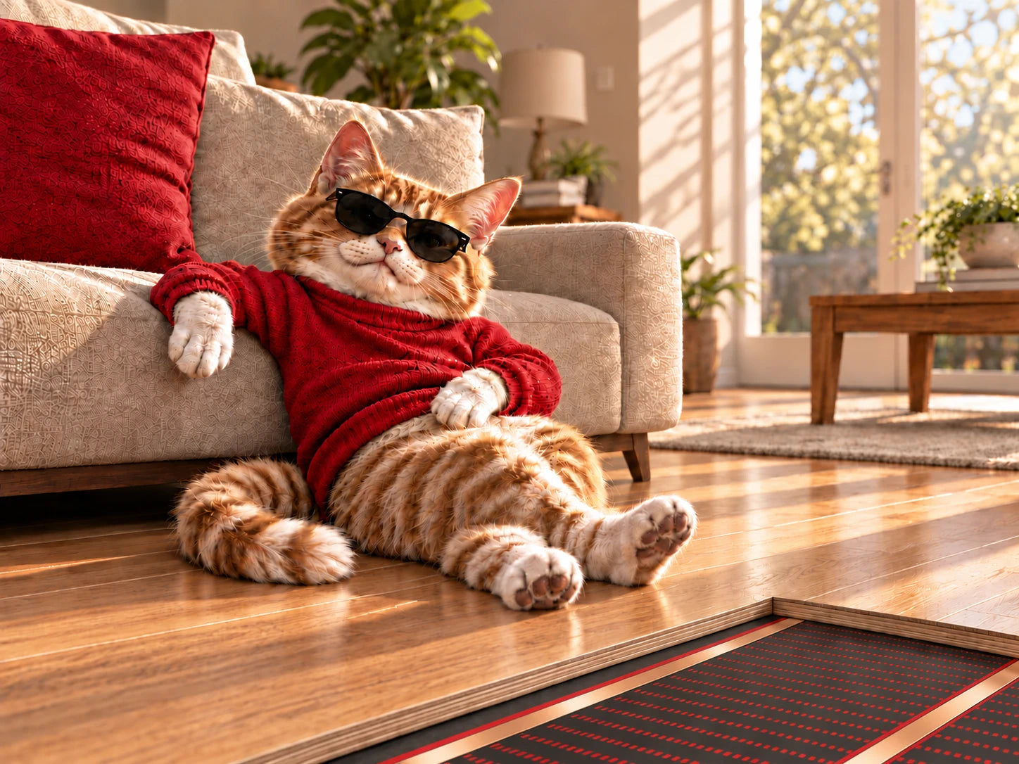 El gato de UnderHeat descansa sobre madera; un corte ilustrativo muestra la película calefactora bajo el piso
