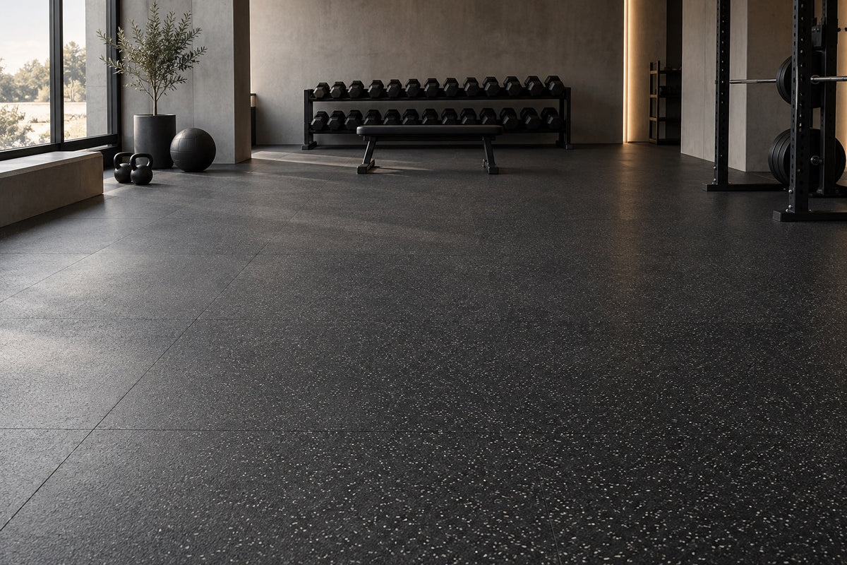 Ambientación ilustrativa de un gimnasio con piso de caucho negro con motas grises, sin personas