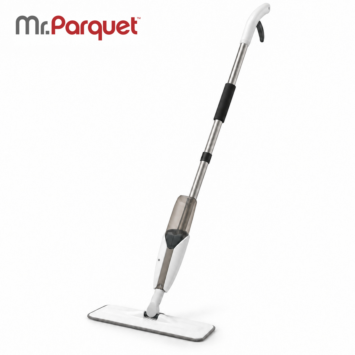 Spray Mop Mr. Parquet con depósito recargable y cabezal de microfibra sobre fondo blanco; imagen ilustrativa