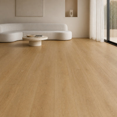 Ambientación ilustrativa de un living contemporáneo con piso vinílico de aspecto roble claro